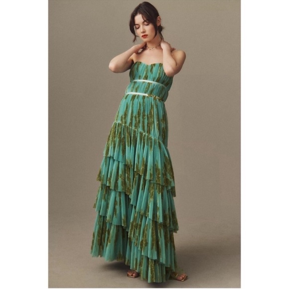 ANTHROPOLOGIE Hutch Lanza Strapless Pleated Tiered Ruffle Tulle Maxi Dress Green - Picture 14 of 15